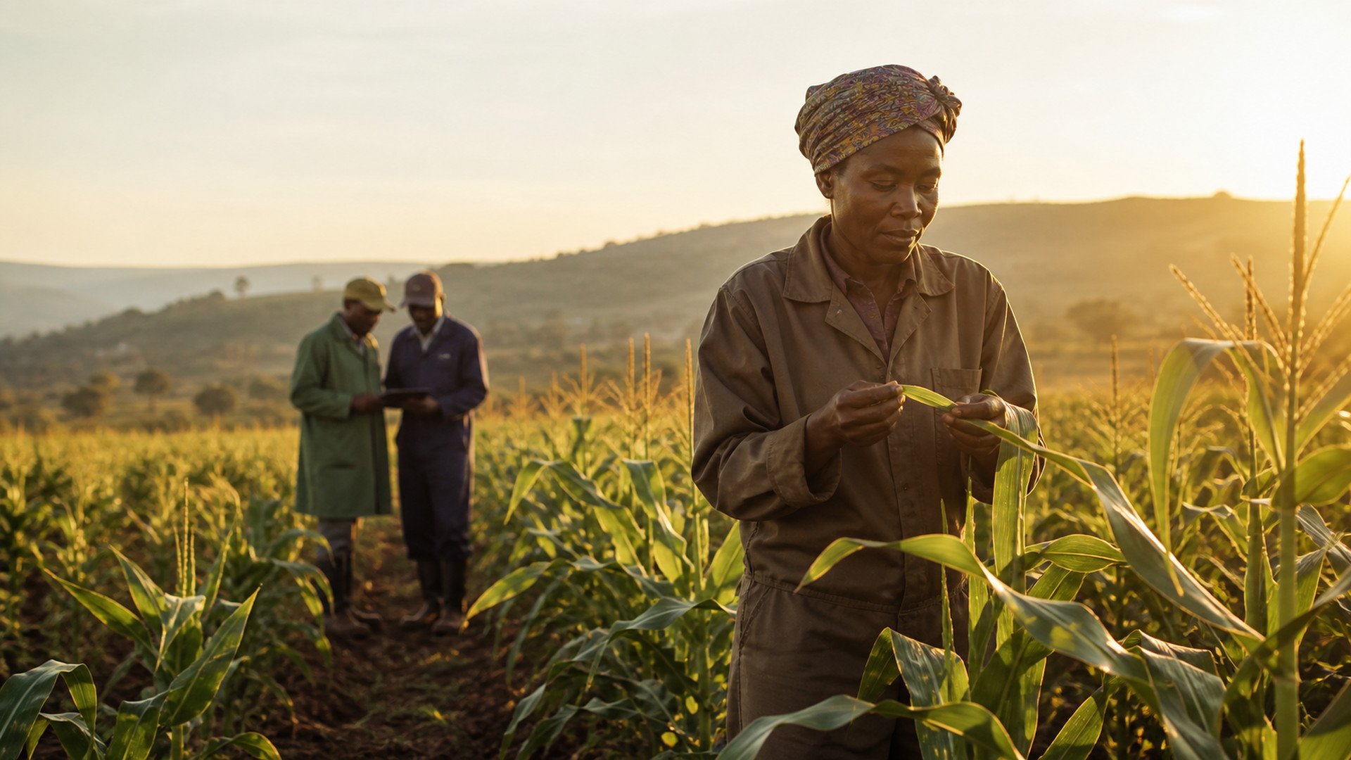 A smallholder farmer inspecting a maize leaf at golden hour, colleagues discussing behind her