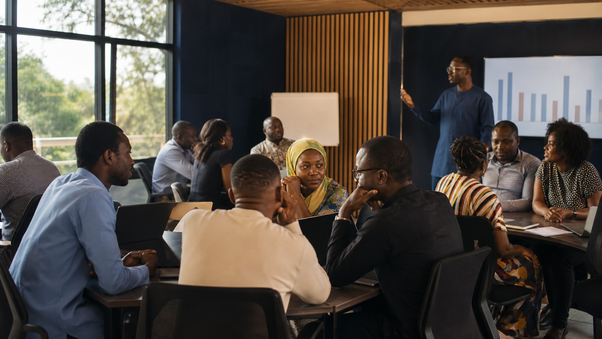 Researchers and engineers at a working convening with laptops open