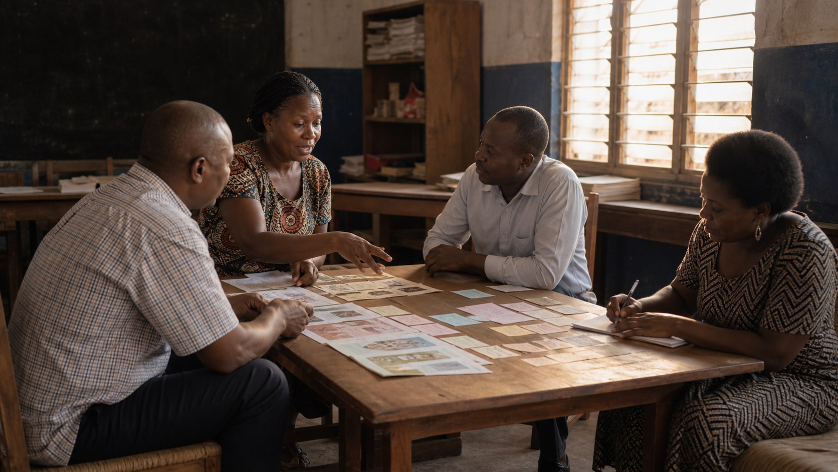 Educators planning lessons together in a school staff room