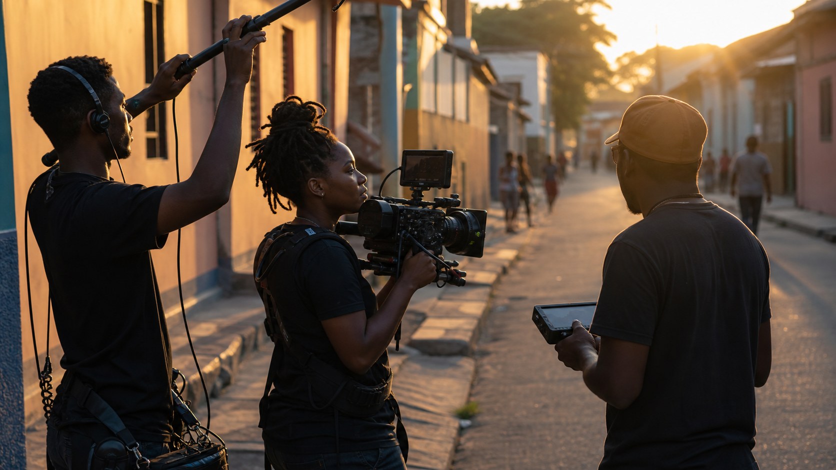 African film crew shooting on location at golden hour