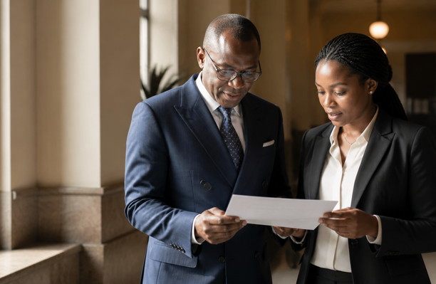 Two professionals reviewing a document together in a daylit institutional lobby