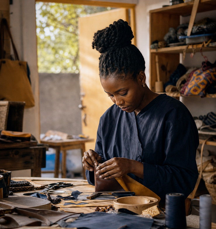 An entrepreneur at work in her small workshop, hands busy with the product she makes
