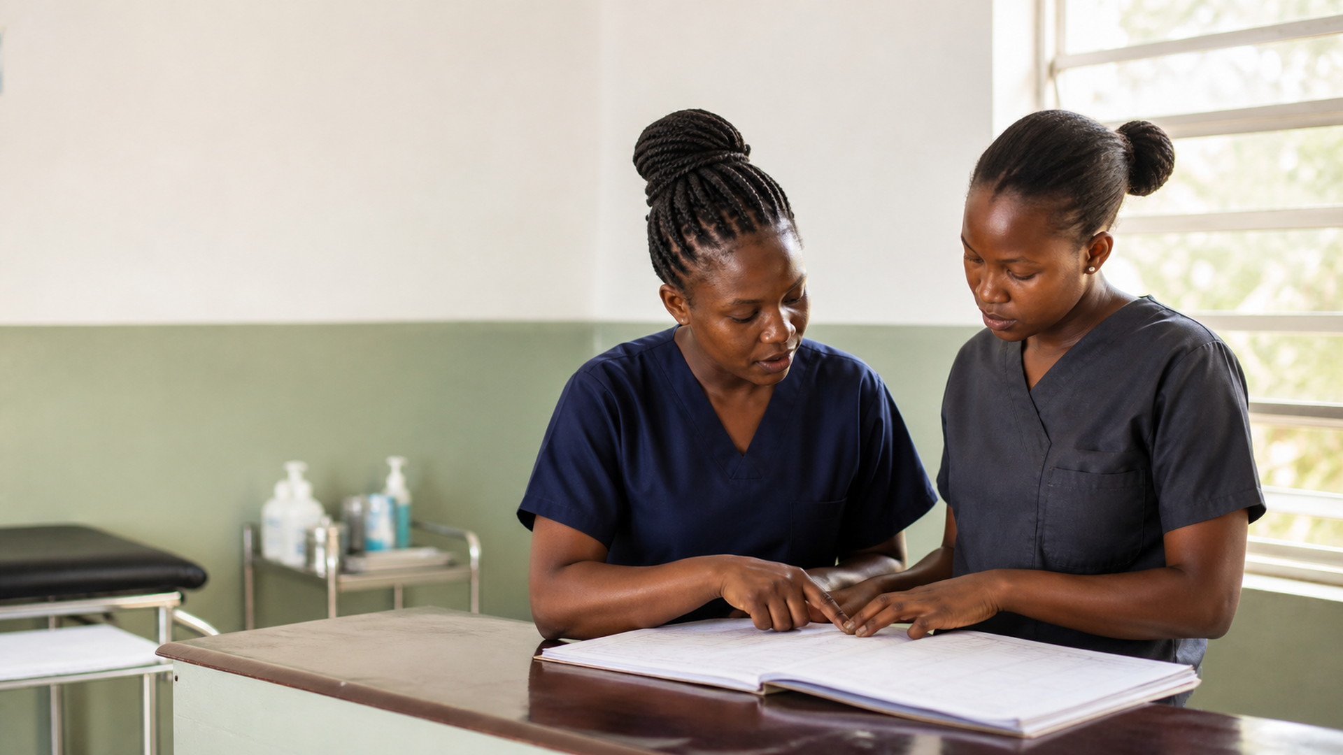 Two healthcare workers reviewing a patient register in a clinic