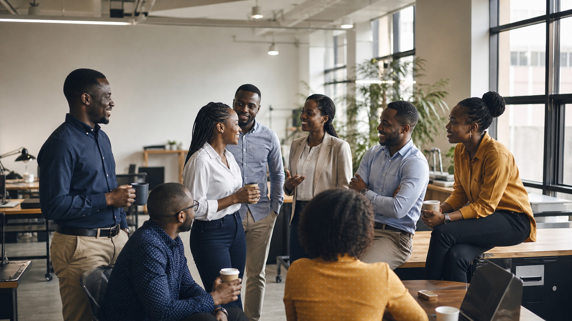 A team gathered informally in a bright office, mid-introduction