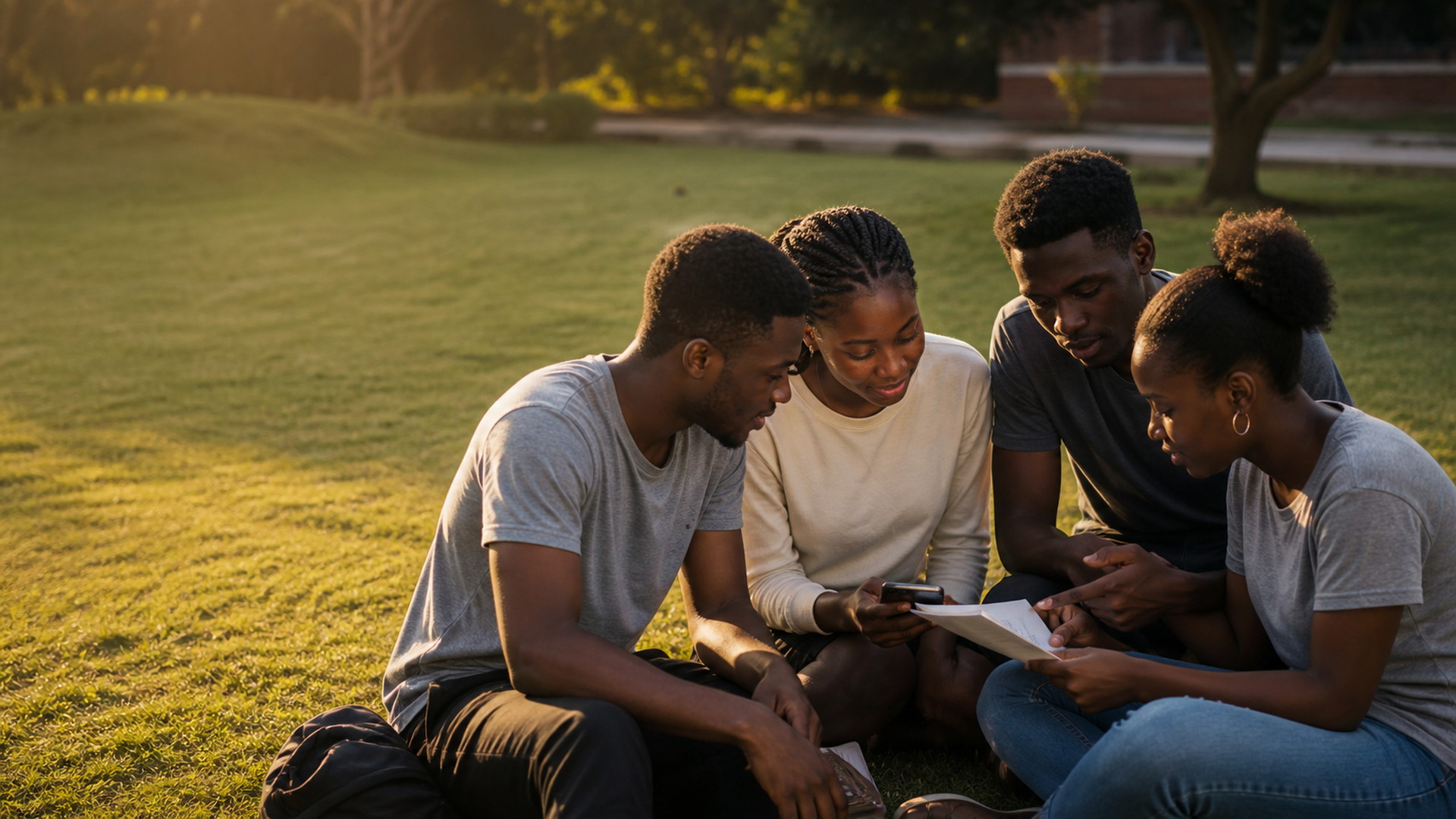 Four young adults sitting together on a campus lawn, looking at a shared phone and printed sheet